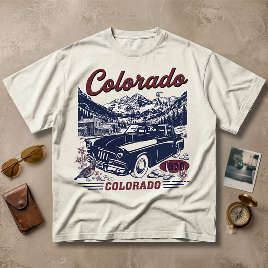 Colorado 1876 Vintage Retro Car Mountain Graphic Tee