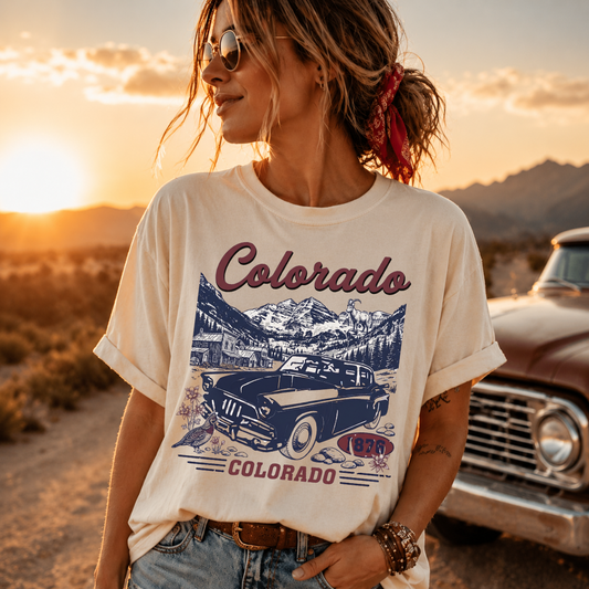 Colorado 1876 Vintage Retro Car Mountain Graphic Tee