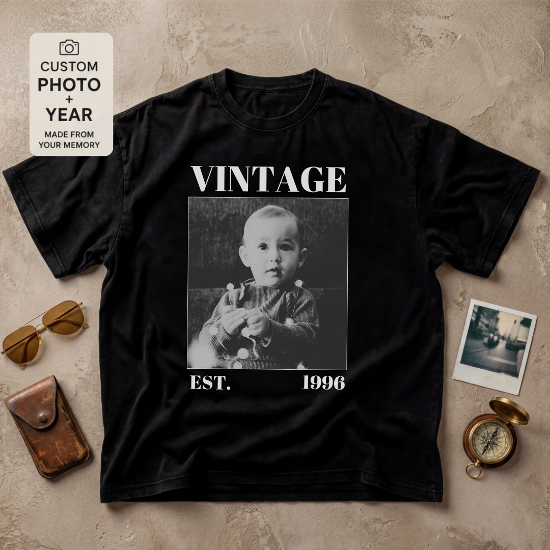 Personalized Vintage Est Year Black and White Photo Tee